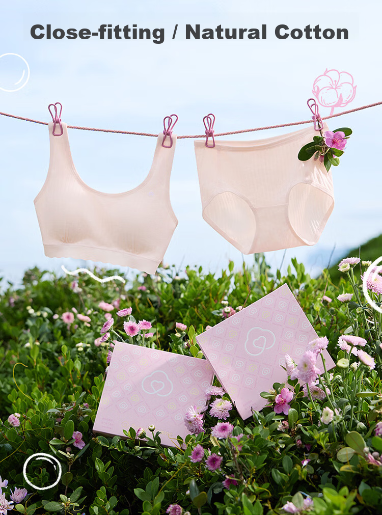 PurCotton Girls' Underwear Bra Junior High School Development Period Sports Vest Underwear Panties [Little Wave Gift Box Set] 2