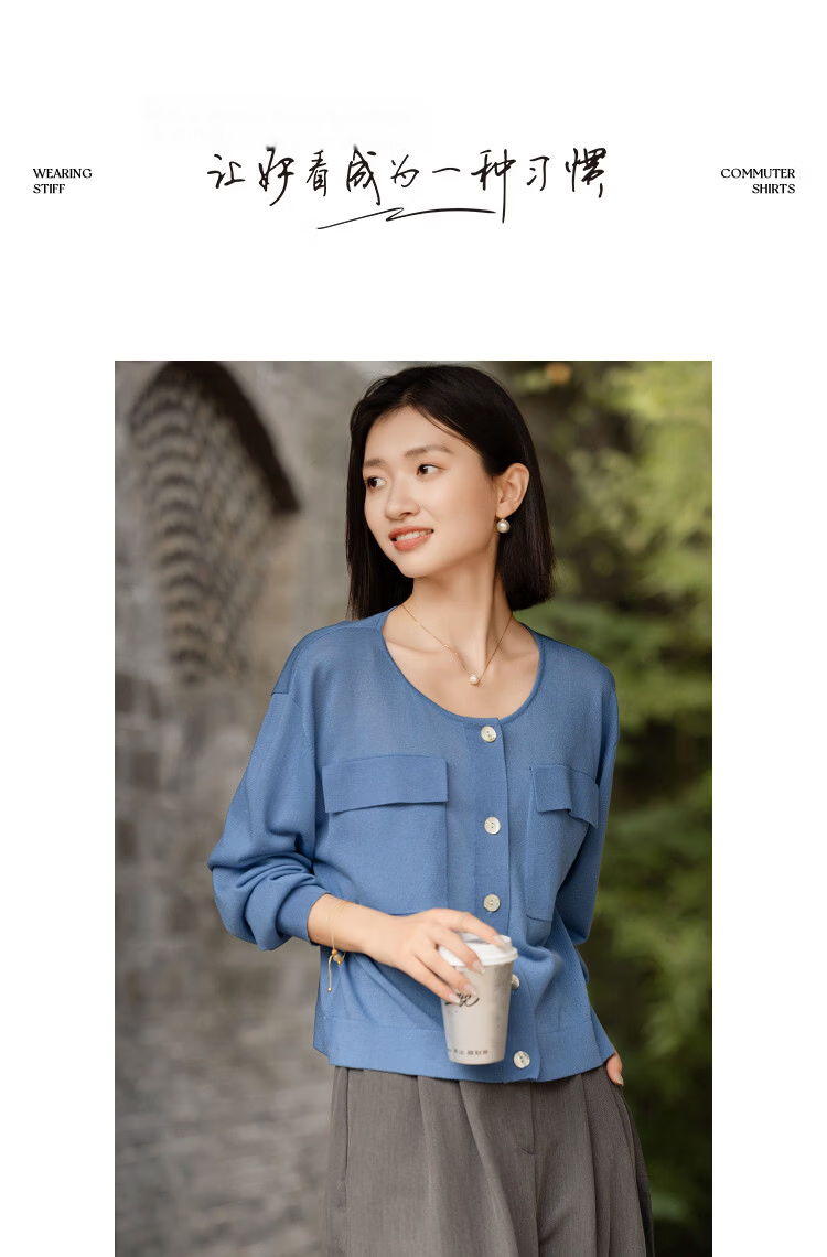 Demana Luxurious Tencel Cardigan Spring Lightweight Round Neck Patch Pocket Long Sleeve Loose Knit Sweater for Women 8