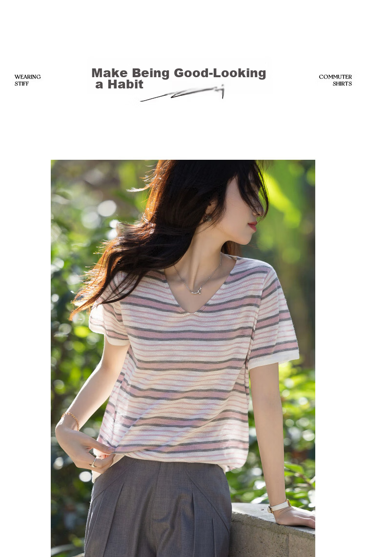 Demana [with Lyocell] Summer Lightweight V-Neck Striped Color-Block Short Sleeve Slim Fit Petite Knit Top for Women Premium Quality 13