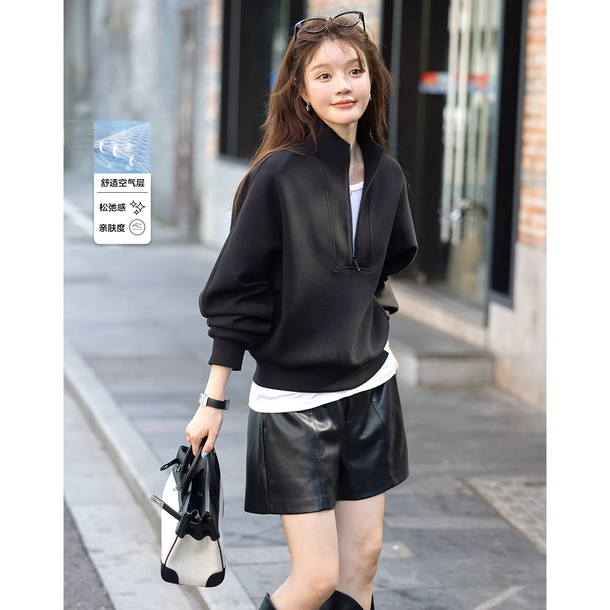 MT Spring Sports Casual 350G Air Layer Half-Zip Loose Sweatshirt for Women with Reversible Collar