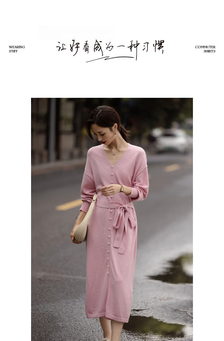 Demana Women's Spring Soft V-Neck Pearl Button Drop Shoulder Adjustable Waist Dress with Wool 9