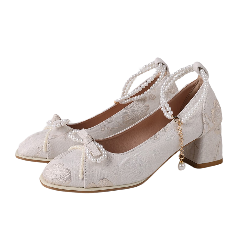 FOOTOPPO New Chinese Style Mary Jane Shoes for Women Thick Heel Height Increasing Bow Pearl National Style Wedding Qipao Dress High Heels Off-White