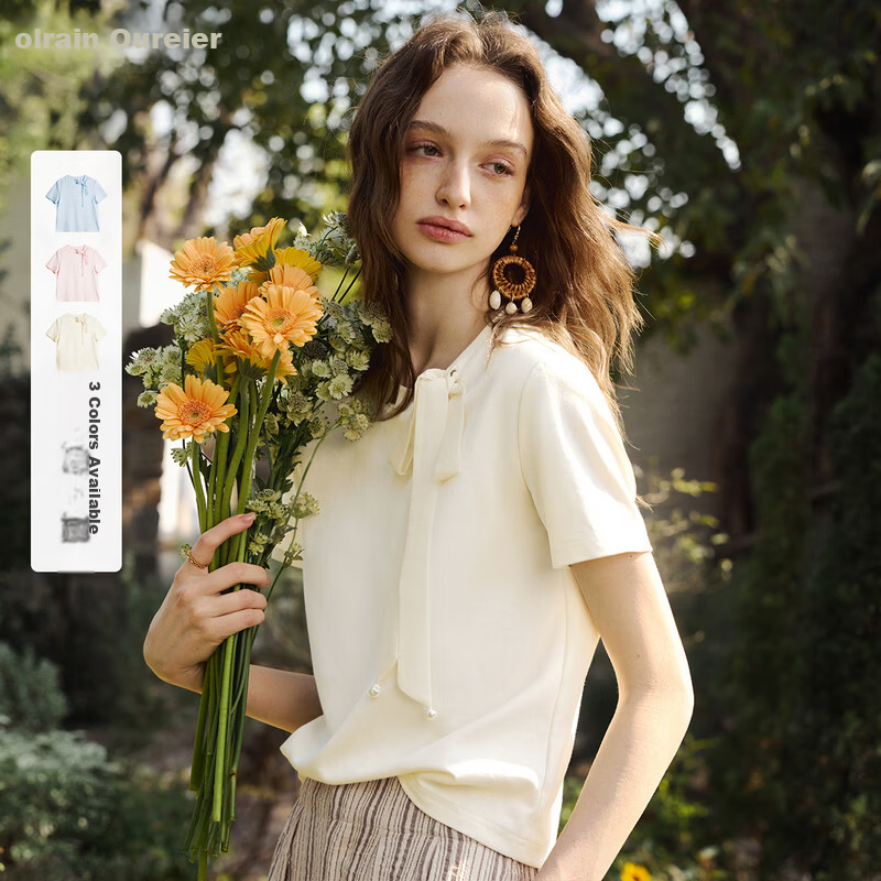 Olrain Detachable Ribbon French Style Short Sleeve T-Shirt Women Summer New Shoulder Round Neck Top Beige M