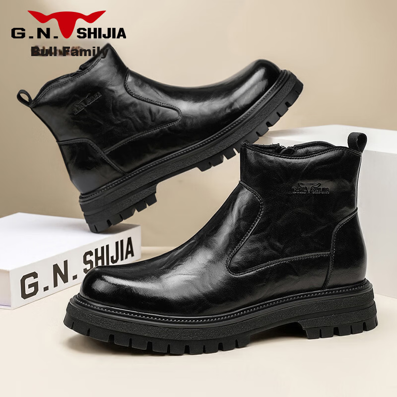 Bull Family Martin Boots Men 2026 Winter New British Style Thick Sole Side Zipper Leather Boots Men's Versatile High-top Work Boots