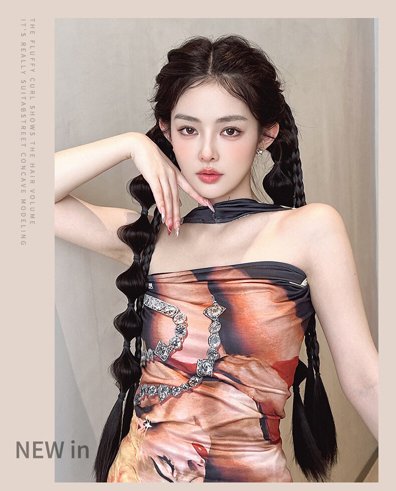 Jianyingshu Braided Double Ponytail Wig Hairband Natural Black Clip-in Realistic Braided Long Braid Hairpiece 12