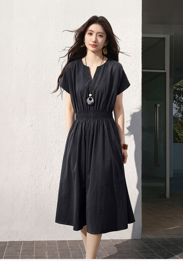 Shangdu Bila Elegant Round V-Neck Korean Style Summer Dress for Women Pear-Shaped Slimming A-Line Dress with Raglan Sleeves Casual Long Dress 1
