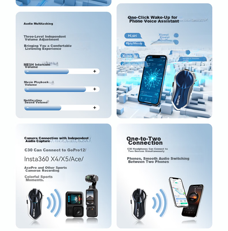 SENA C30 Motorcycle Helmet Bluetooth Headset Built-in HD Unit for Riding 34