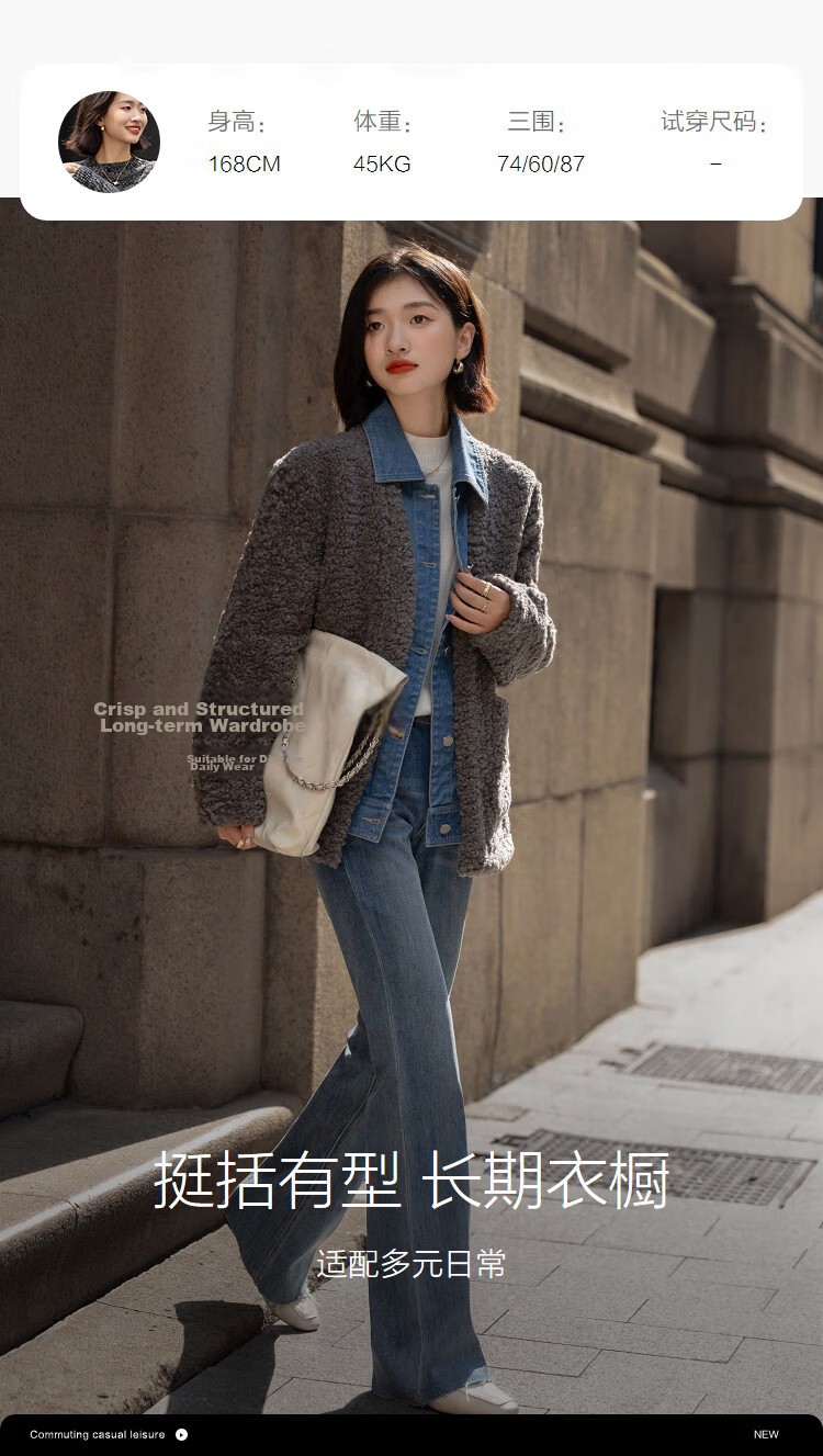 Demana [Fog Harbor Warm Home] Winter Faux Shearling Spliced Denim Lapel Mid-Length Women's Coat with Fake Two-Piece Design 6