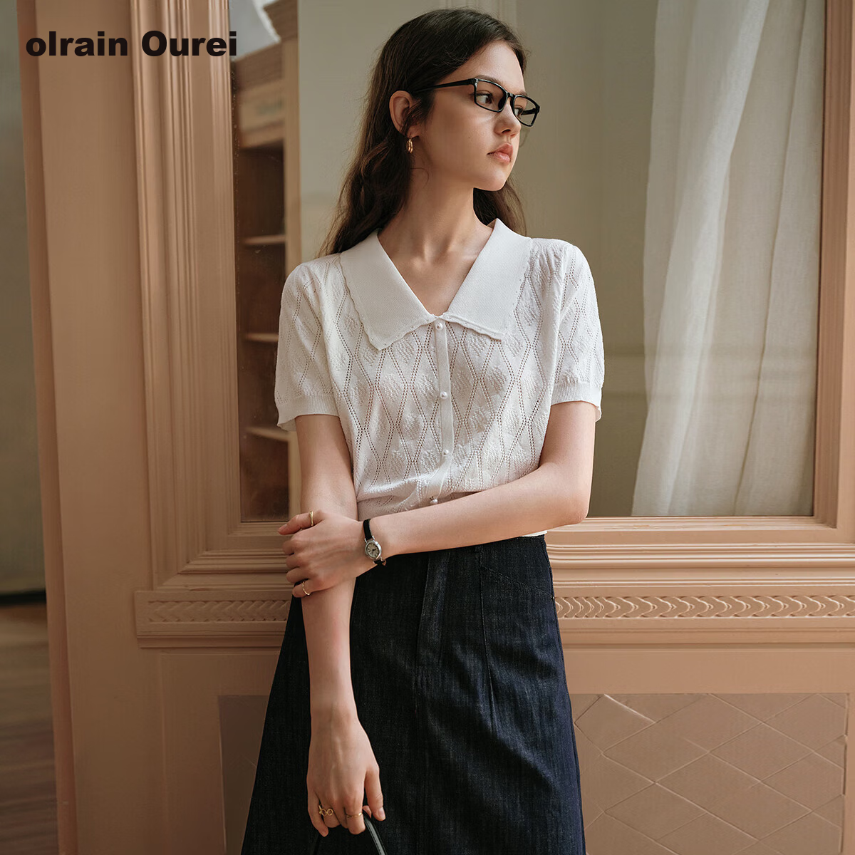 Olrain White French Style Hollow Knit Pullover Women's Summer Tweed Top White S