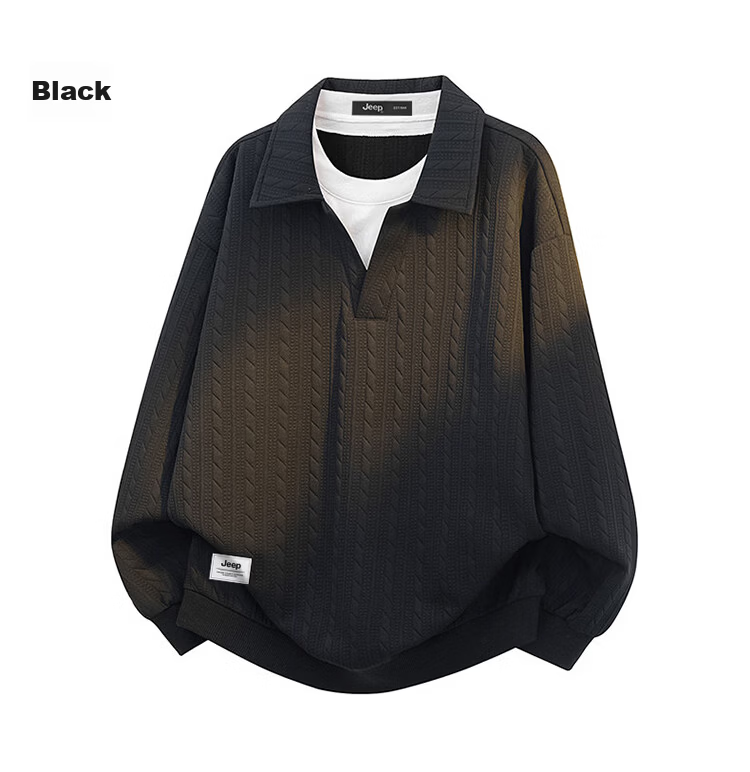 JEEP Men's Spring Autumn Polo Shirt Loose Jacquard Base Shirt Top Black 2XL 11