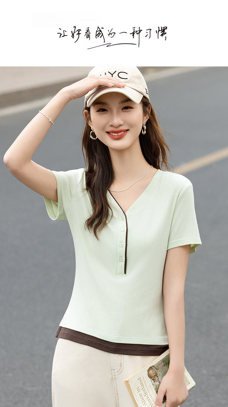 Demana [With Wool and Lyocell] Summer Color-Block Faux Two-Piece V-Neck Button High Elastic Slim Fit T-Shirt for Women Premium Feel 1