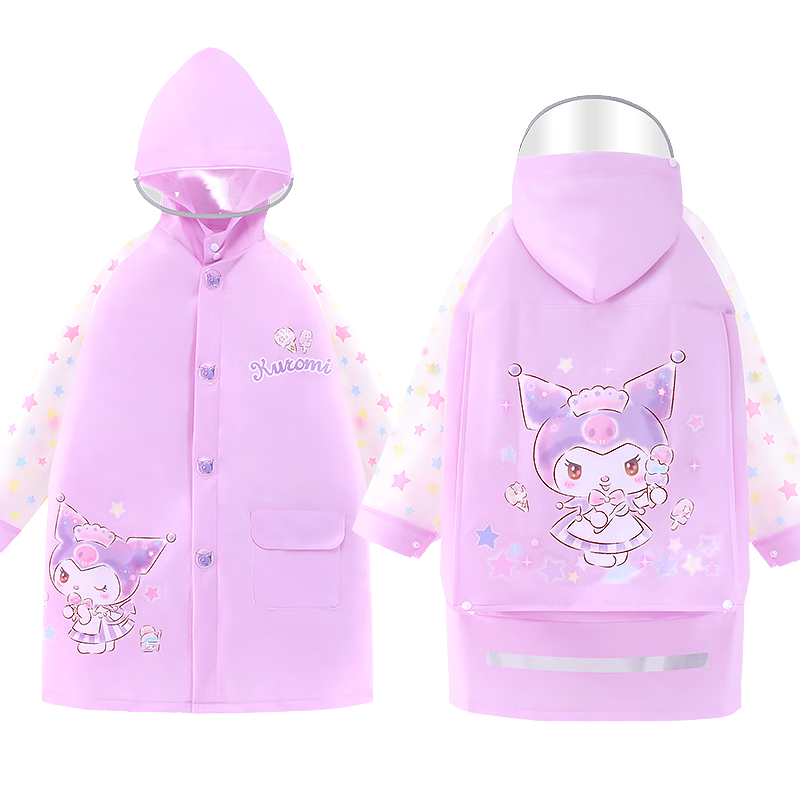 Hello Kitty Children's Raincoat, Girls' Kindergarten Baby Elementary School Student Backpack Position Waterproof Poncho, Kuromi Purple, M Size