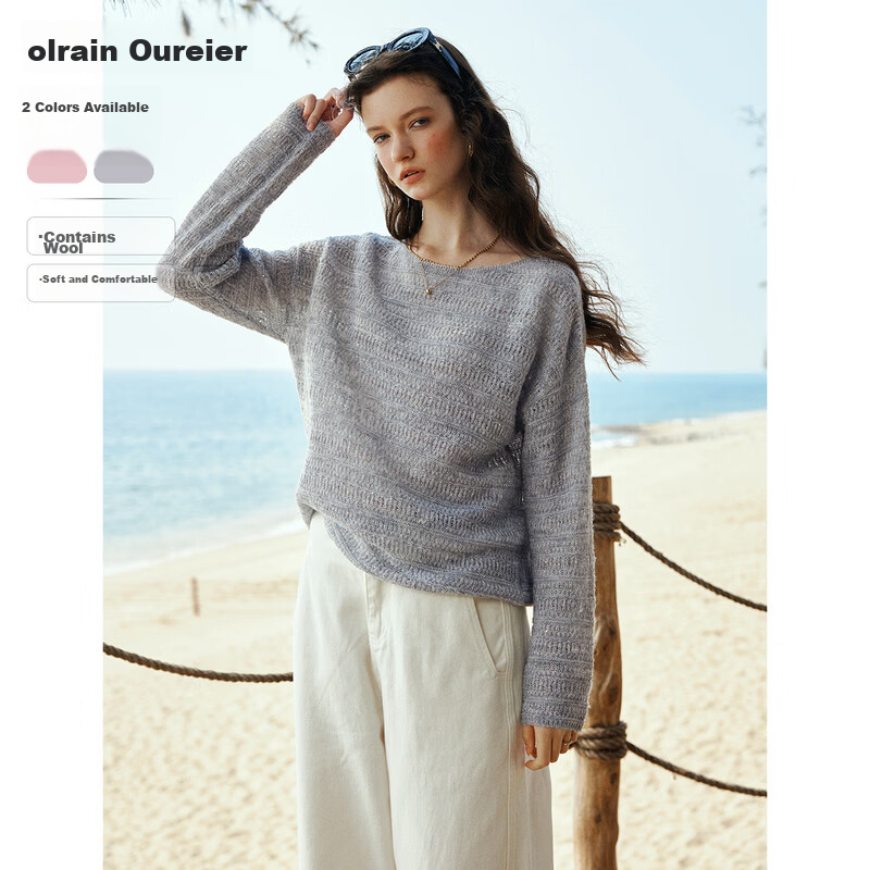 Olrain O-neck Hollow Out Loose Pullover Knitwear Women's Spring New Elegant Top Gray XL