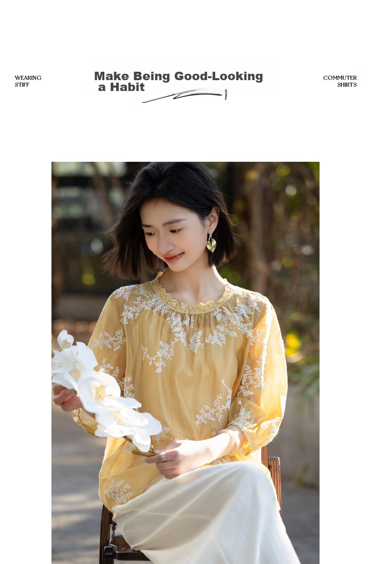Demana [Refreshing Lyocell] Summer Lace Collar Embroidered Short Sleeve Loose Slim Fit Petite Shirt for Women Premium Quality 9