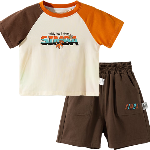 Disney Lion King Short Sleeve Set Summer New Boys Lightweight Breathable T-Shirt and Shorts Casual Two-Piece Set Orange Coffee Size 90