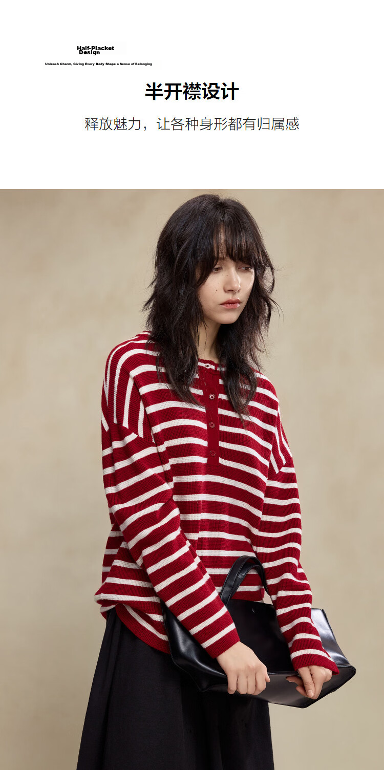 Demana Breathable Wool Blend Vintage Salt-Wind Half-Placket Striped Loose Knit Sweater Women's Top Winter 6