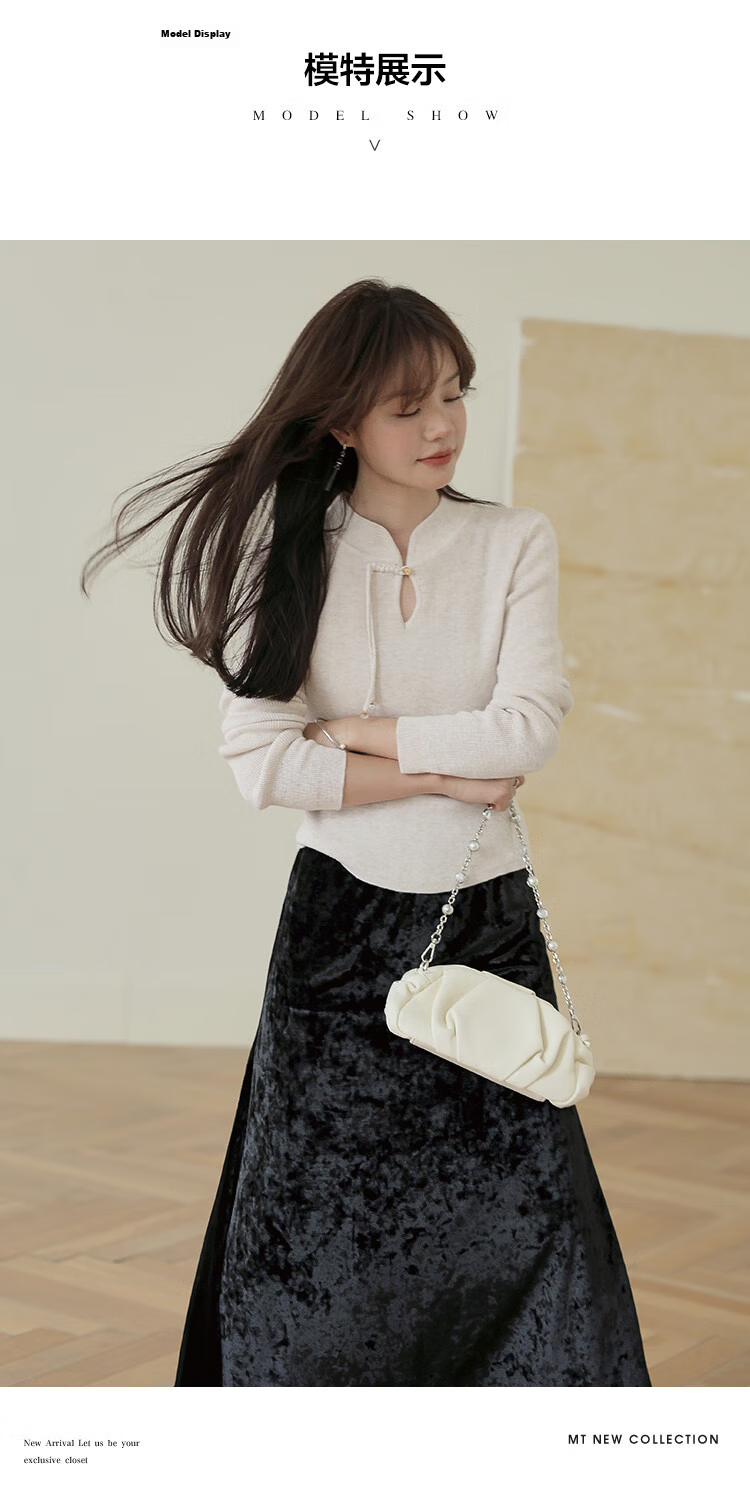 MT Gentle New Chinese Style Autumn Fashion Elegant Solid Color Stand Collar Long Sleeve Knit Sweater 4