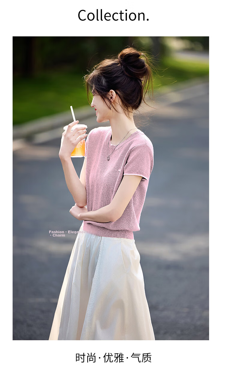 Shangjing Women's Short Sleeve Knit Top Summer New Slim Fit Simple Short T-Shirt for Petite Women 13