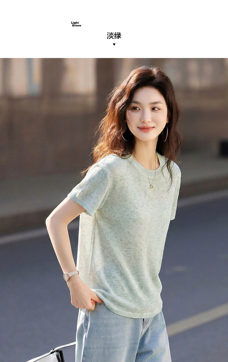 Demana Breathable Linen Summer Lightweight Mesh Round Neck Short Sleeve Slim Fit Casual Women's T-Shirt 16