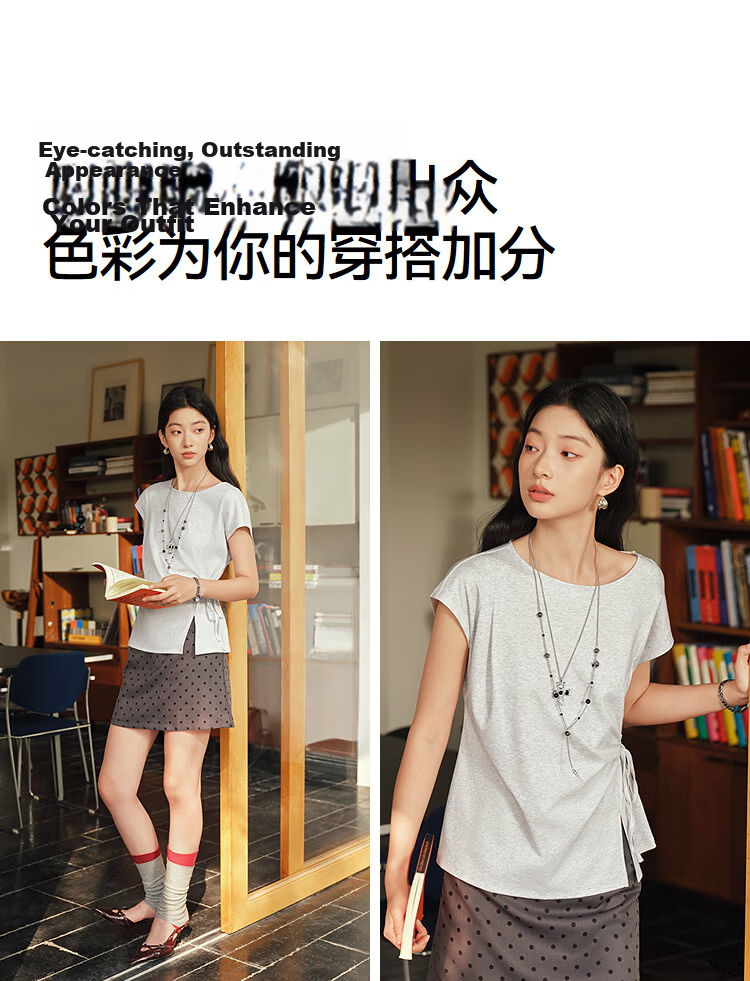 Semir Senrou Women's Summer T-Shirt Off-Shoulder Bow Split Pure Cotton 2026 Gentle Style 109326100010 11