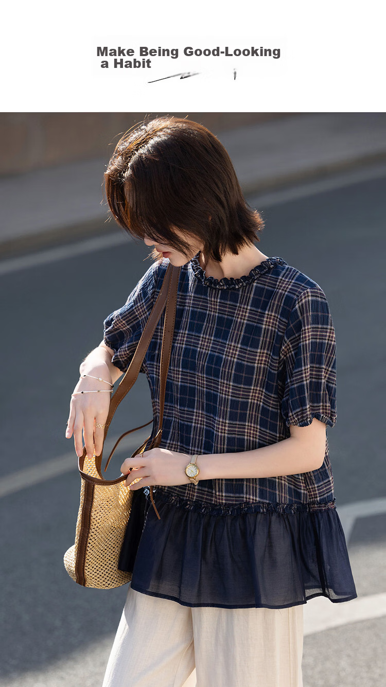 Demana Fresh Cloud Cotton Summer Ruffle Edge Plaid Patchwork Tie Short Sleeve Loose Slim Shirt for Women Premium Feel 1