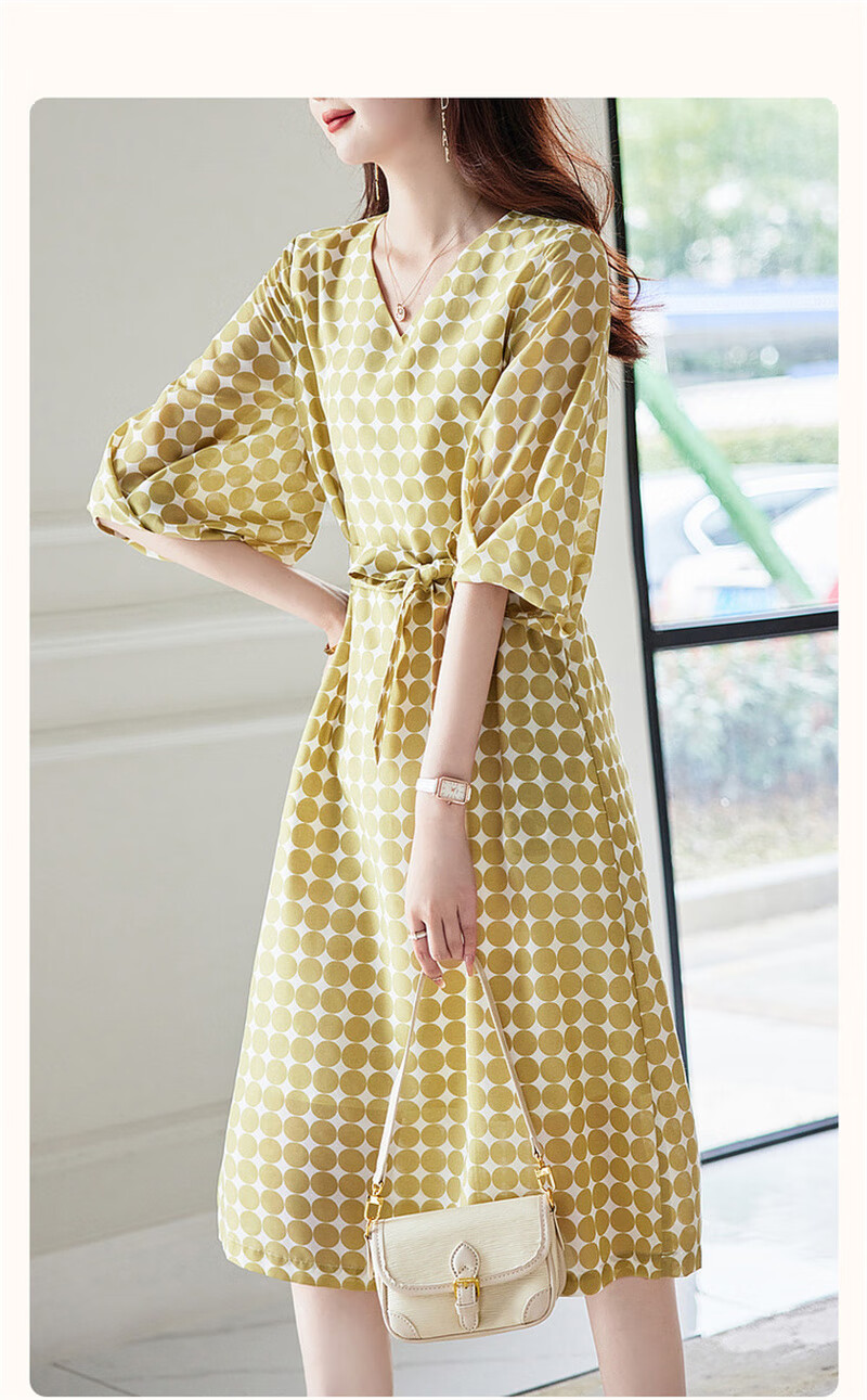 Dme Commuting Polka Dot Vintage Dress Summer V-Neck Lantern Sleeve Chiffon Mid-Length Dress for Women 4