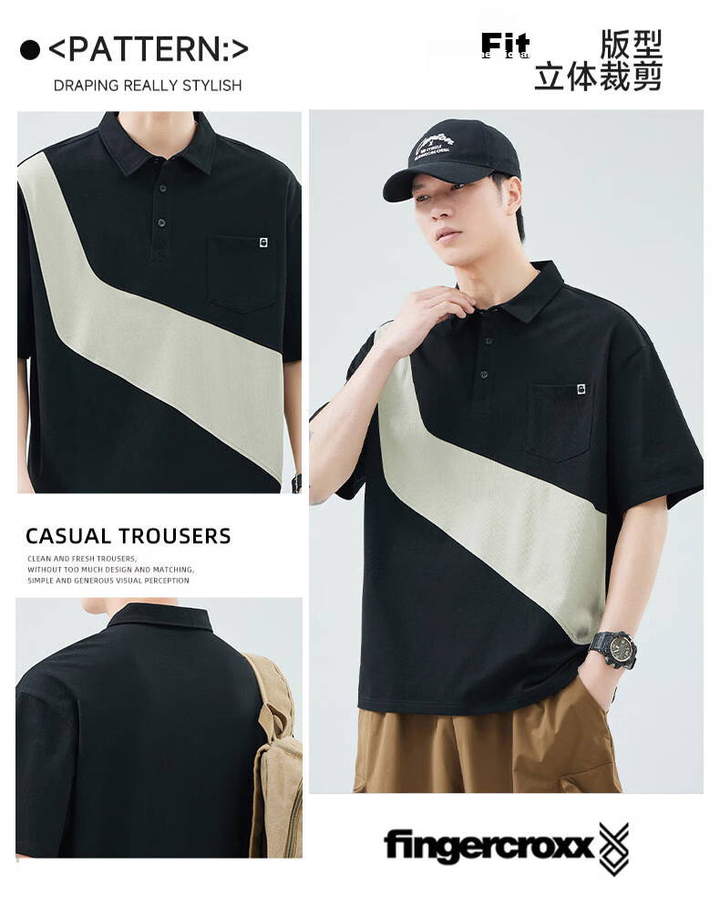 Fingercroxx American Style Patchwork Short Sleeve Polo Shirt Men Summer Loose Fit Casual Lapel Top Black M 8
