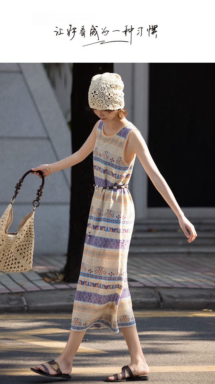 Demana [With Flax Lyocell] Summer National Style New Chinese Colorblock Jacquard Round Neck Sleeveless Dress for Women Premium Feel 1