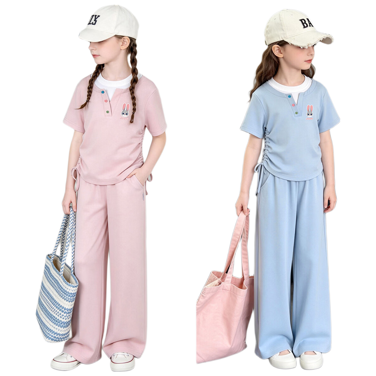 Disney Girls Judy Drawstring T-Shirt Set Summer Round Neck Short Sleeve Wide Leg Pants Two-Piece Casual Outfit Pink Size 150