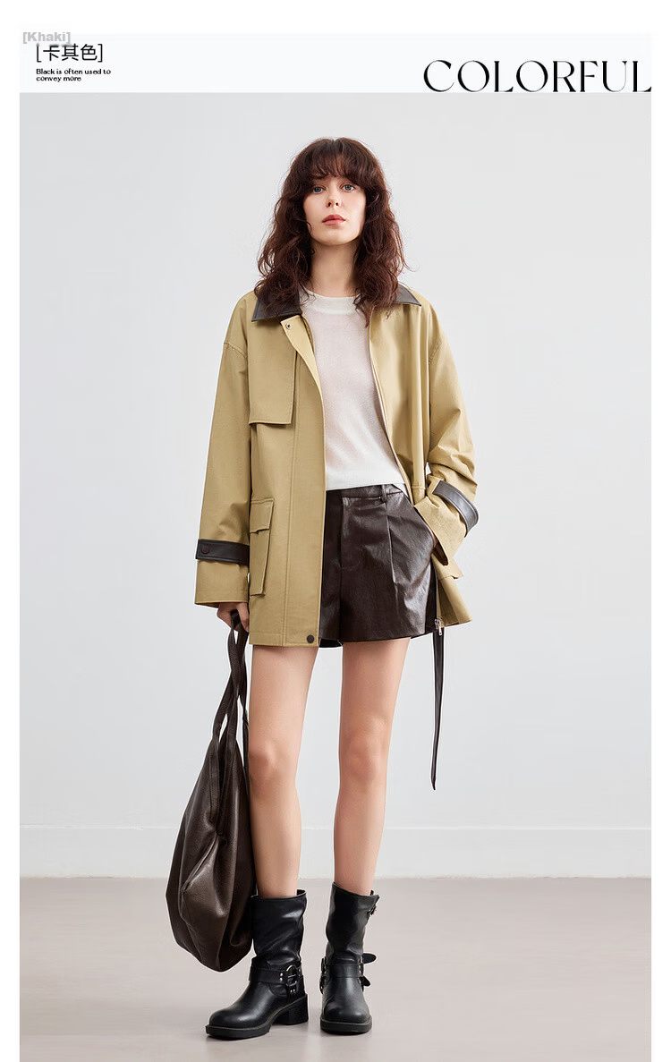 Demana Pure Cotton Barn Style Autumn Color-Block Lapel Splicing PU Patch Pocket Loose Slim Fit Women's Jacket Premium Quality 3