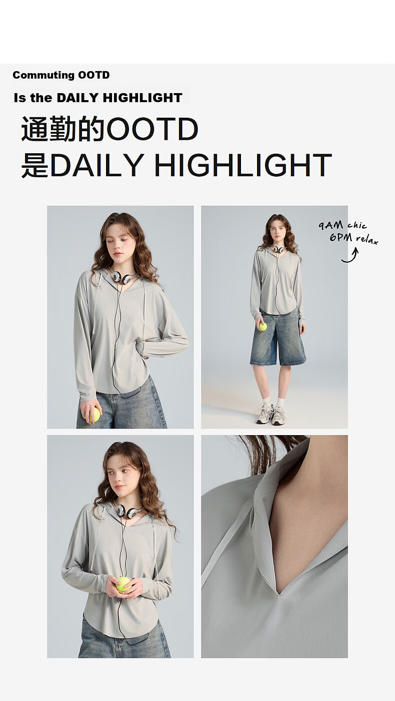 TonLion 2026 Spring Women's Hooded Long Sleeve T-Shirt Light Gray M 5