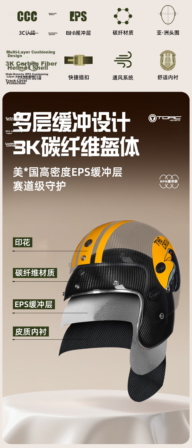 TORC Carbon Fiber Motorcycle Helmet T587 Retro Cruiser Half Helmet 3C Certified with Bluetooth Earphone Slot 2