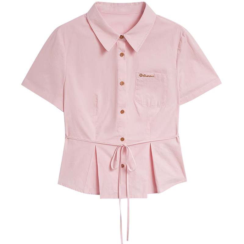 INMAN 100% Xinjiang Cotton Simple Tie-Waist Short Sleeve Shirt 26 Summer New Embroidered Top Light Pink L