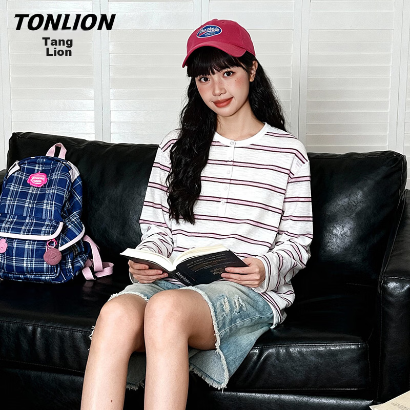TonLion Women's Long Sleeve Striped Henry Collar T-Shirt Small Fit Spring Summer New Top