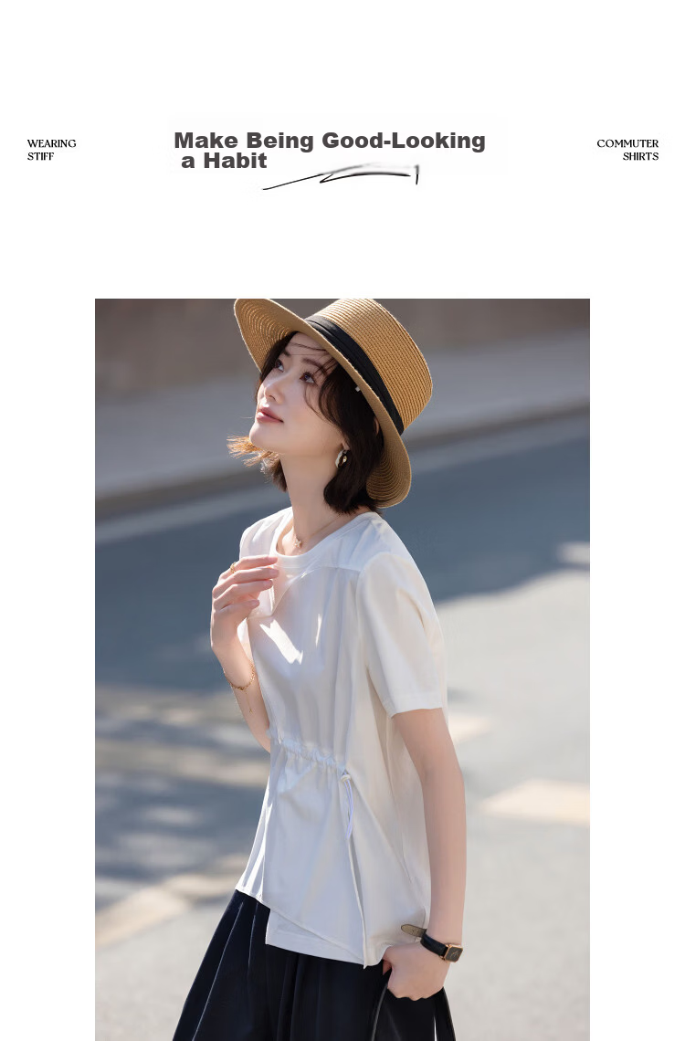 Demana [Cool Feeling Sorona] Summer Simple Round Neck Drawstring Asymmetric Hem Loose Slim T-Shirt for Women Premium Quality 8