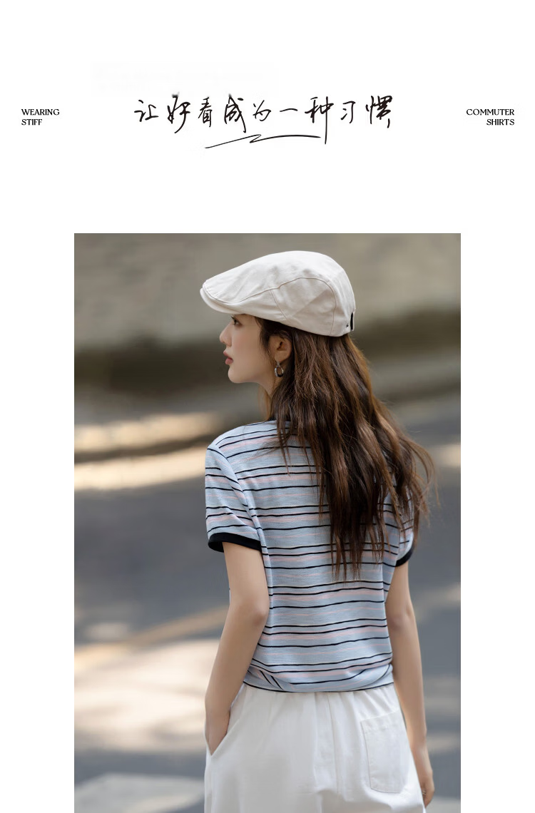 Demana American Casual Summer Retro Color-Block Embroidered Letter Striped Slim Fit T-Shirt for Women 13