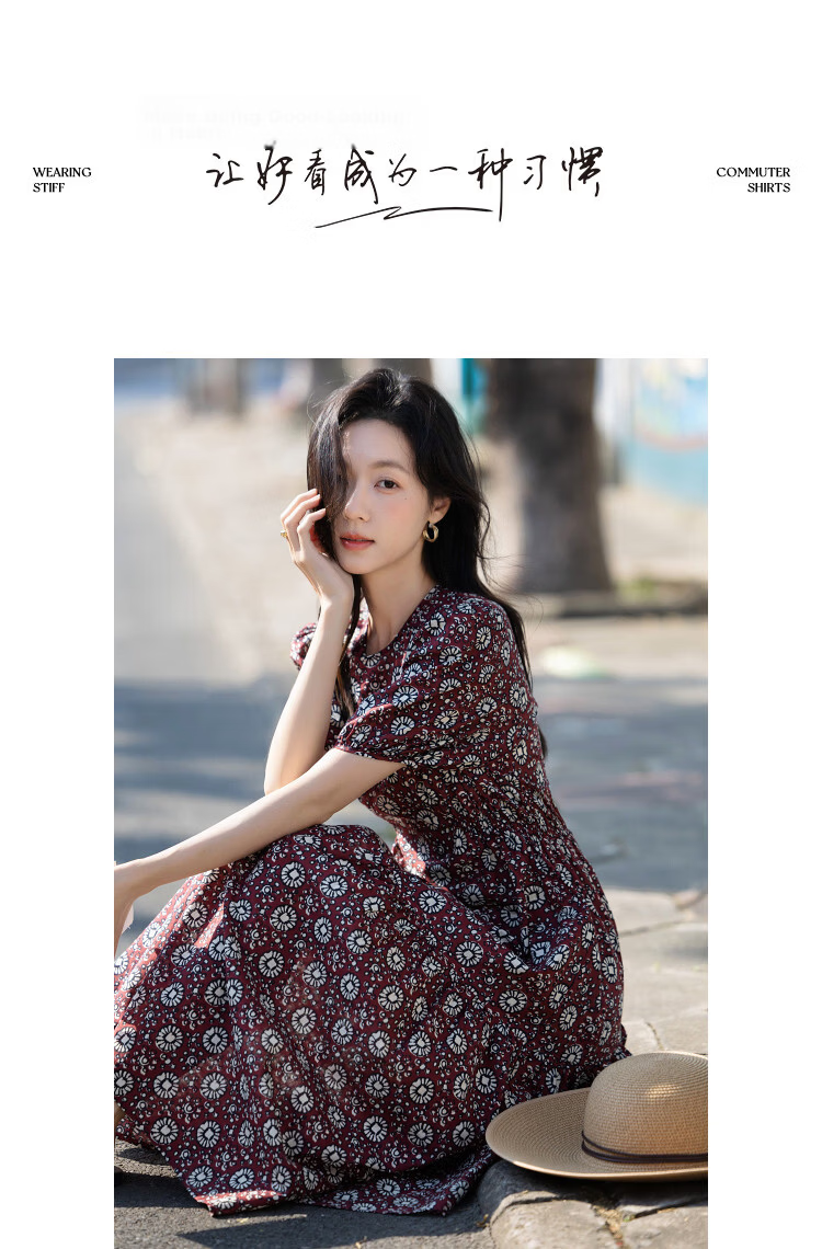 Demana Gentle Pure Cotton Summer Elegant Style Round Neck Printed Tower Pleated Waist Slimming Dress for Women Premium Quality 9