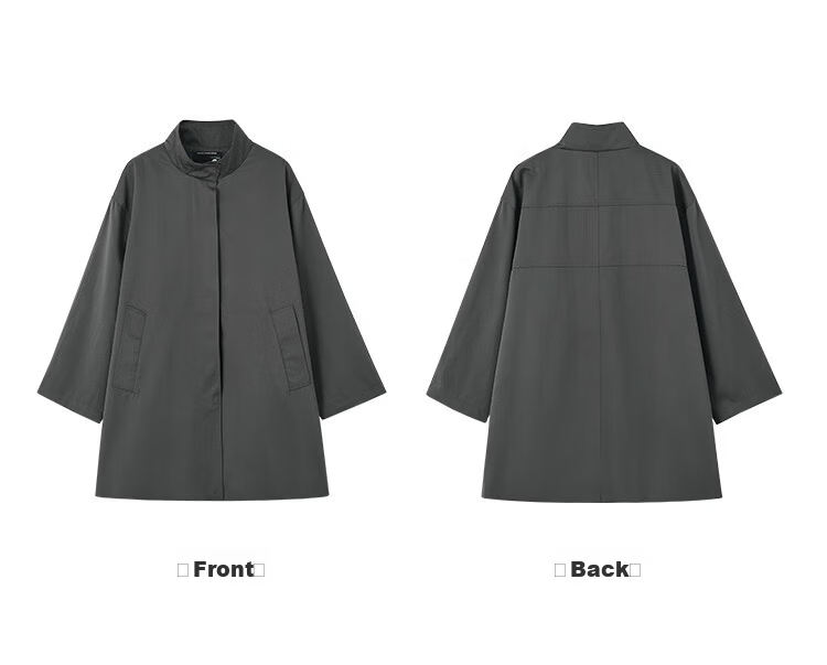 MT Grey British Style Autumn Stand Collar Wide Edge Pocket Design Loose Mid-Length Trench Coat 10
