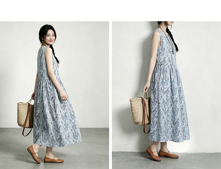 Demana [Artistic Forest Girl] Summer Ethnic Style Printed Round Neck Sleeveless Drawstring Slim Fit Dress for Women Premium Quality 17