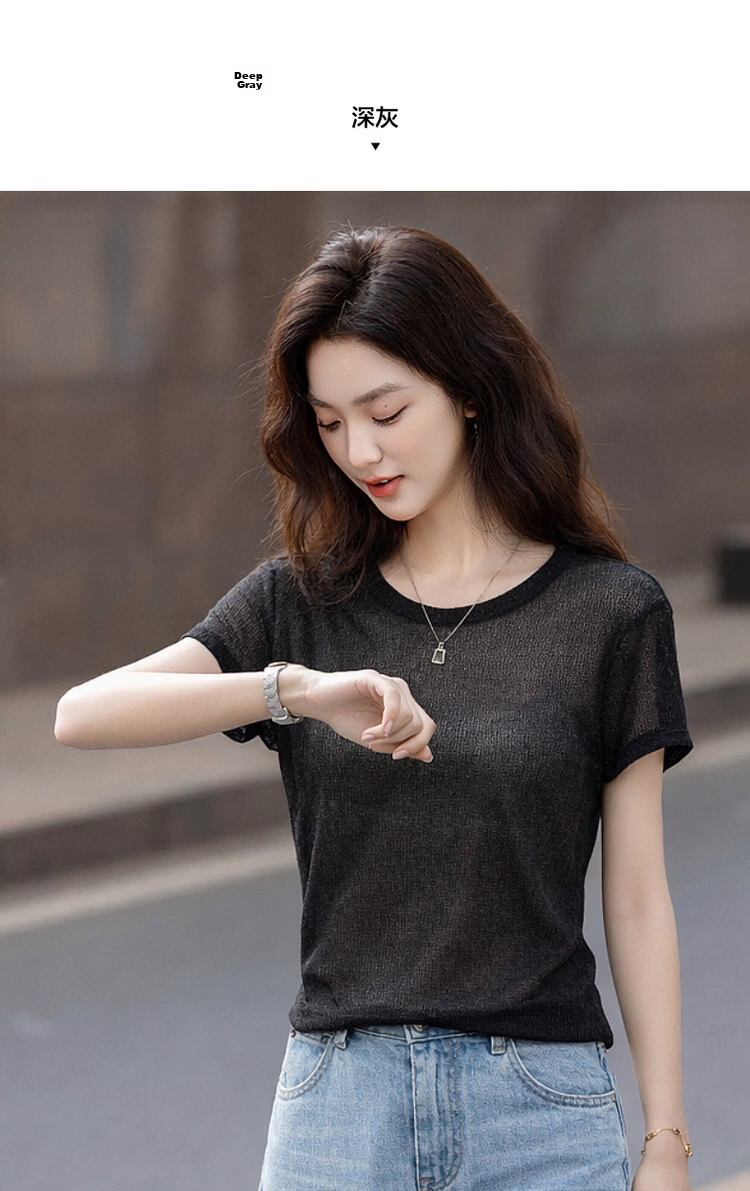 Demana Breathable Linen Summer Lightweight Mesh Round Neck Short Sleeve Slim Fit Casual Women's T-Shirt 9