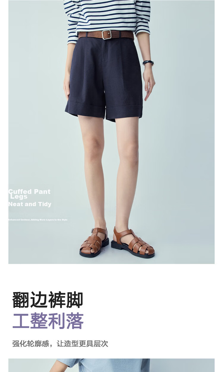 Giordano Women's Summer New Cotton Linen Pleated Semi-Elastic Waist Straight Casual Shorts 13406306 6