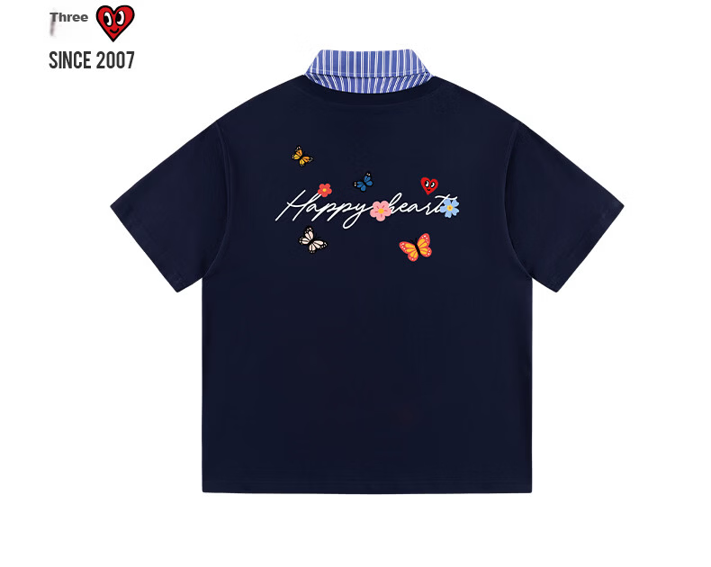 Charles Heart-Shaped False Two-Piece Cotton Couple Short Sleeve Polo Shirt with Butterfly Print Navy Blue S 5