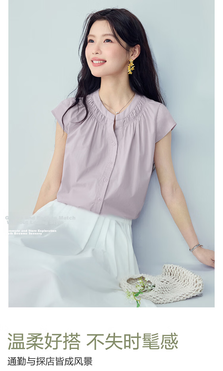 Giordano Women's Summer New Pure Cotton Loose V-Neck Short Sleeve Shirt with Small Flying Sleeves 05346490 9