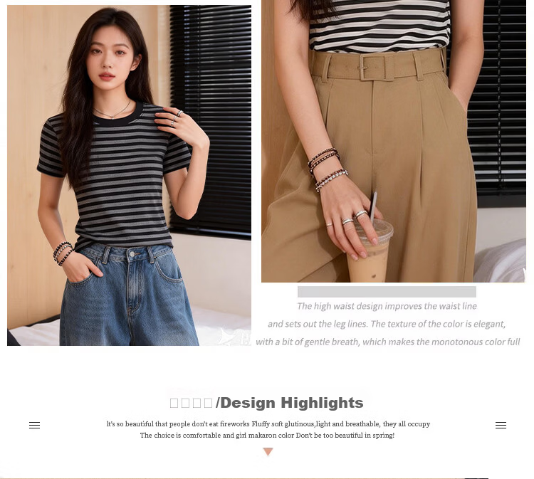 Yiershuang Women's Summer Base Layer T-Shirt, Lyocell Tencel Thin Striped Slimming Short Sleeve Top 3