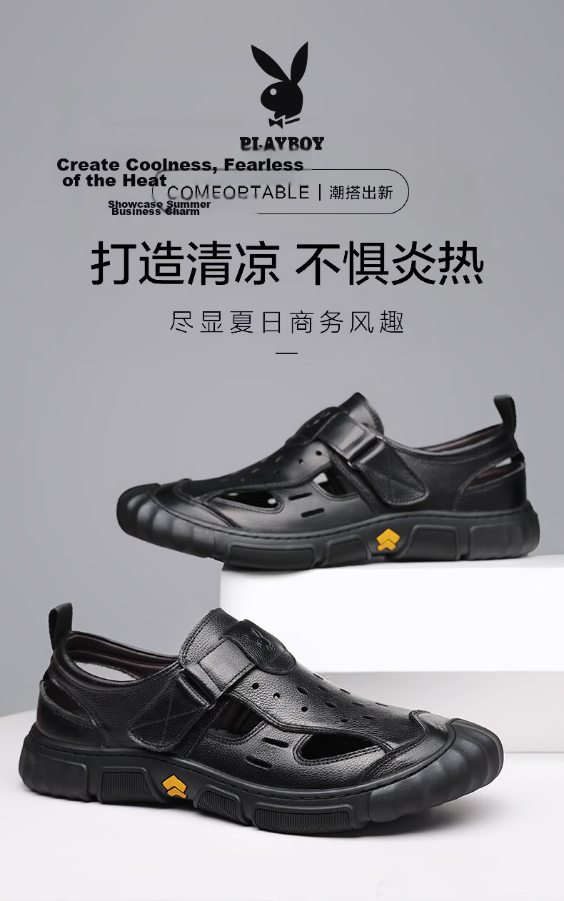 Playboy Men's First Layer Cowhide Hollowed Out Sandals Open Toe Genuine Leather Business Middle-aged and Elderly Dad Sandals Black Size 42 1