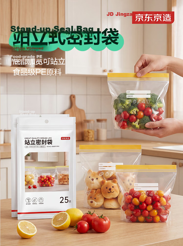 JD Jingzao Stand-Up Food Grade Sealing Bags Medium Double Zipper Airtight Bags 22x15cm [25pcs] 2