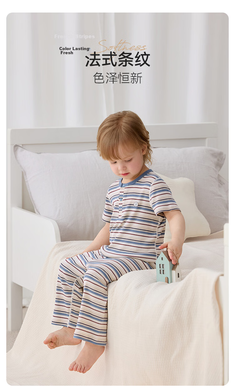 Babylove Baby Homewear Set Summer Thin Breathable Modal Air Conditioning Short Sleeve Nine-Point Pants Striped Summer Outfit 1