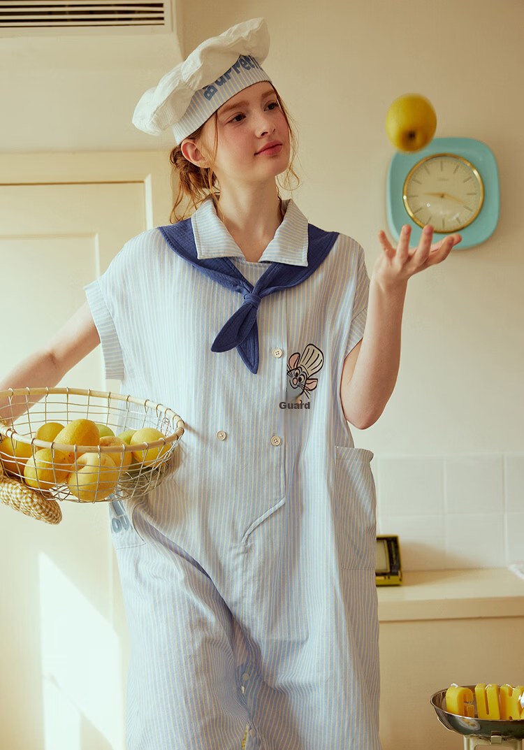 Gukoo Women's Summer Pajamas Ratatouille Doll Collar Nightdress Pure Cotton Jumpsuit Homewear Set Light Mist Blue S 35
