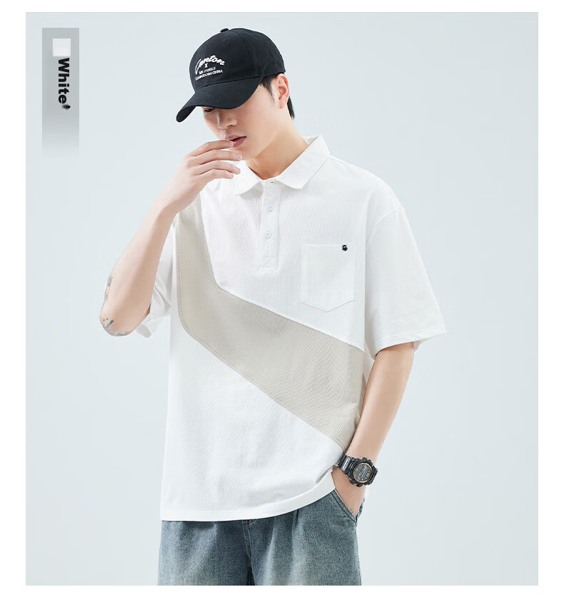 Fingercroxx American Style Patchwork Short Sleeve Polo Shirt Men Summer Loose Fit Casual Lapel Top Black M 15