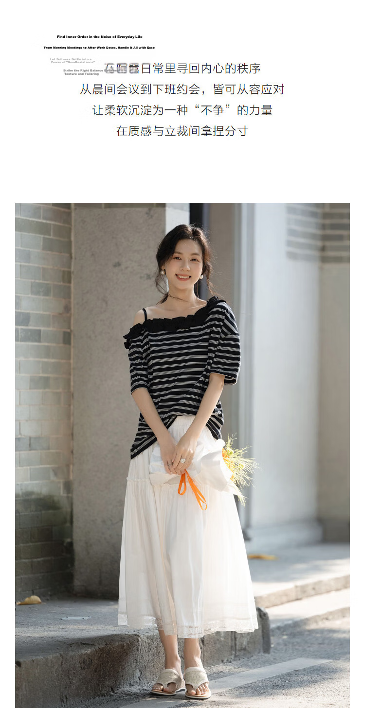 Demana Skin-friendly Cotton-Amino Summer Off-shoulder One-side Drop Shoulder Ruffle Edge Striped Slim Loose T-shirt for Women Premium 6